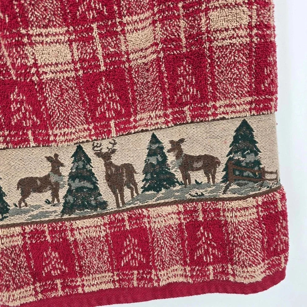 Vintage Santens Plaid Christmas Deer‎ Trees Red Tan Jacquard Bath Towel Cotton